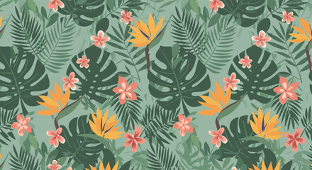 Obraz premium Vibrant tropical seamless pattern featuring green monstera leaves palm fronds and colorful bird of paradise flowers on a mint base.