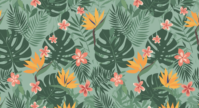 Vibrant tropical seamless pattern featuring green monstera leaves palm fronds and colorful bird of paradise flowers on a mint base.