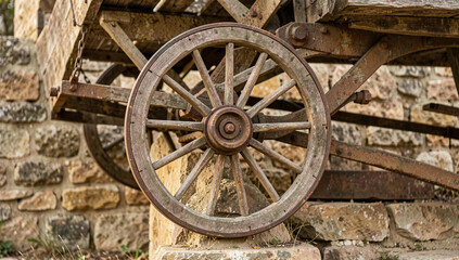 Fototapeta premium Weathered wooden wheel rests beside stone wall. Rusty iron axle shows signs of age. Old cart frame leans against ancient masonry. Sunlight highlights textured wood and stone