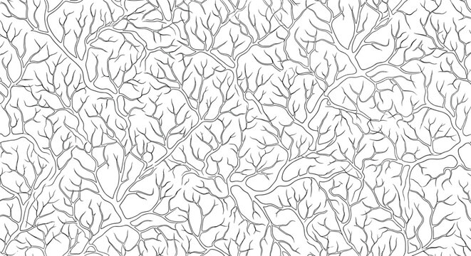 Complex seamless pattern of black branching lines resembling tree roots, a nervous system, or a river delta for abstract textures.