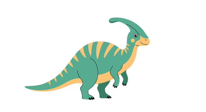 Cartoon illustration of a Parasaurolophus dinosaur with green and tan patterned skin and a characteristic head crest on white.