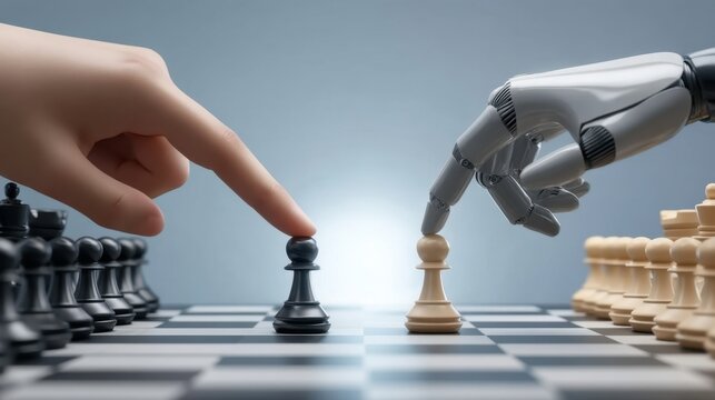 Human and Robot Hand Preparing for Chess Match in Dramatic Close-Up Shot at Eye Level with Artistic Lighting Effects