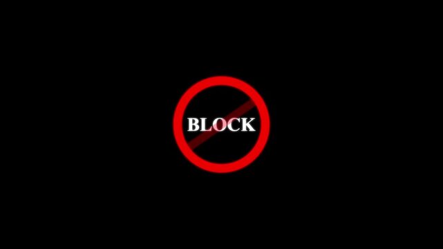 Red prohibited sign with block text animation on black background, for censorship and, restriction concepts