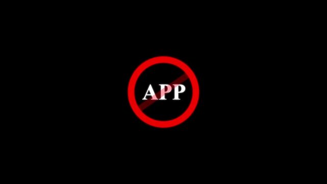 No application allowed sign: red prohibited symbol with app text for digital restriction and software block concepts