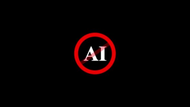 No ai symbol sign, prohibited artificial intelligence concept, red warning on black background, for digital rights