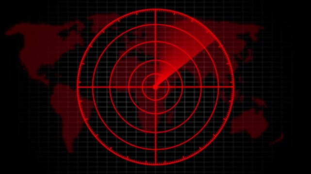 Red radar scanner screen with map background, digital surveillance and military tracking interface animation