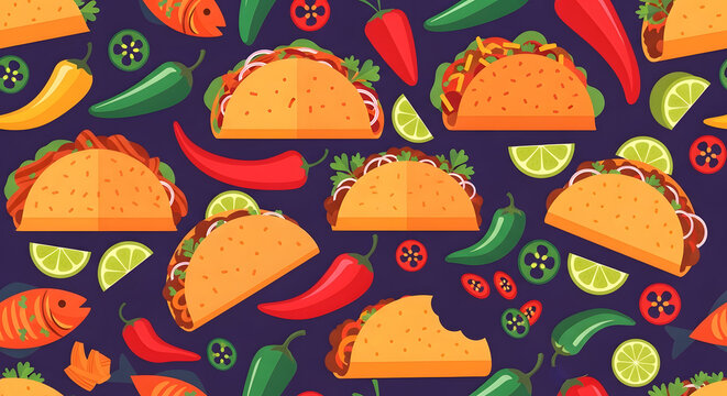 Seamless pattern of tacos peppers and lime on dark background