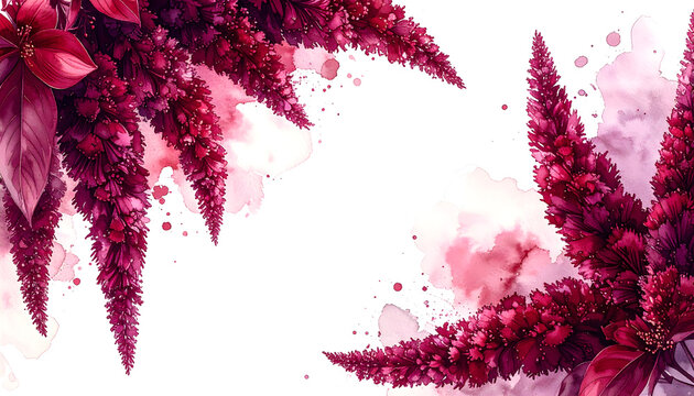 Elegant watercolor illustration of a deep magenta amaranth flower. Rich texture, expressive splashes, and text space. Perfect for luxury designs, stationery, and invitations.
