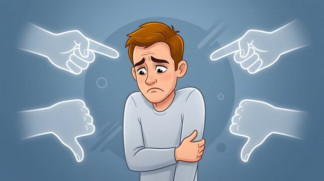 Sad man surrounded by pointing fingers and thumbs down