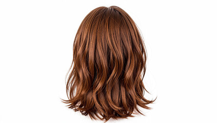Fototapeta premium Brown wavy hair styled in layered cut. Soft texture appears natural and full. Back view shows even, flowing volume. Light highlights catch subtle shine. Simple white background for clean focus