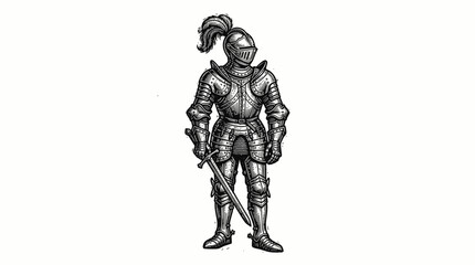 Fototapeta premium Vector Pinocut A stoic knight in full armor stands ready for battle. 