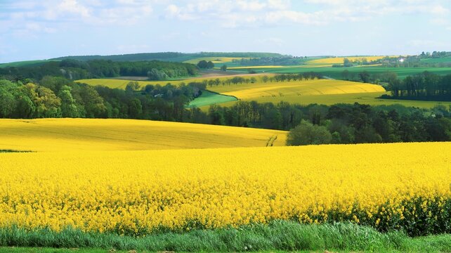 Agriculture en Champagne Ardenne dans la r&eacute;gion Grand Est, paysage de champs de colza (brassica napus) jaunes, en fleur, et de for&ecirc;ts, au printemps (France)