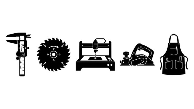 Collection of woodworking and crafting tools and equipment on a white background.
