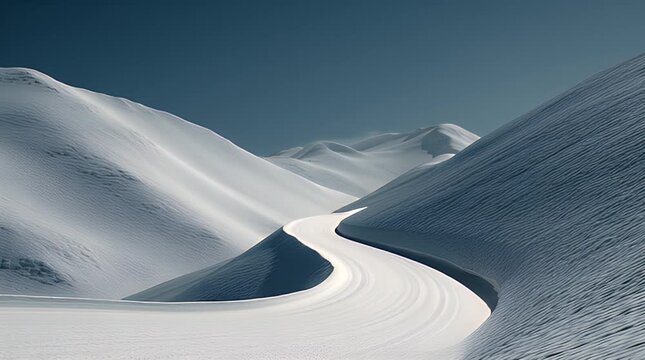 Serene, minimalist landscape depicting winding snowy paths between large snow-covered dunes under a deep blue sky. Soft, textured surfaces