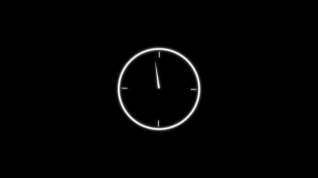 Minimalist analog clock icon glowing white on black background, simple circle face with hour markers and hands, modern neon style for time concept.