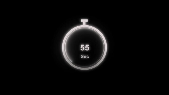 Minimal stopwatch timer icon with glowing white ring and text "52 sec" on black background, countdown concept for time management or digital interface.