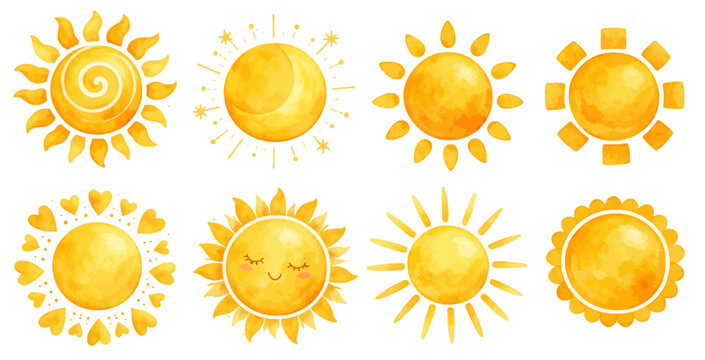 A charming watercolor collection of suns featuring playful yellow sun designs with varied rays faces and decorative shapes illustrated in a cheerful whimsical style