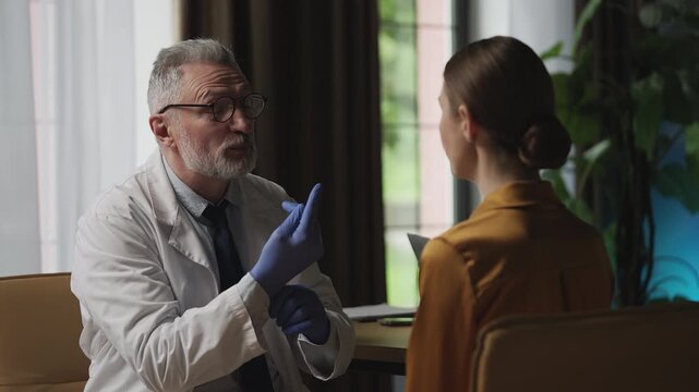 Doctor otolaryngologist examining patient's neck for swollen lymph nodes