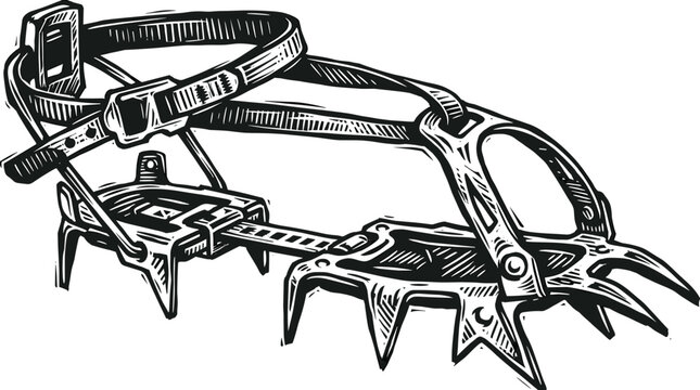 Vector Pinocut Illustration of an ice climbing crampon tool. 