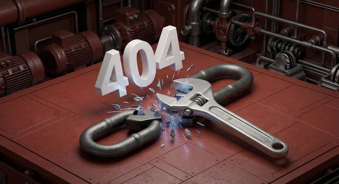 Industrial 404 error concept with broken chain and shattering wrench