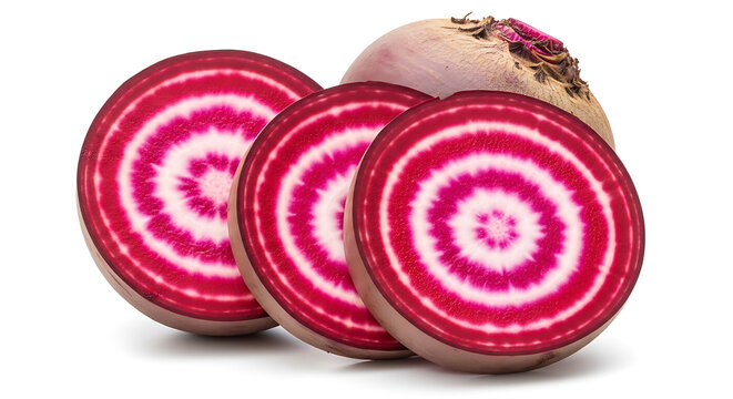 Red and white striped beetroot slices with a whole beetroot on a white background fresh organic vegetable root vegetable beetroot vegetable