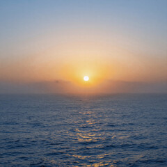 Fototapeta premium Cyberpunk Ocean Sunrise. Tranquil Sunrise Over Ocean With Misty Atmosphere