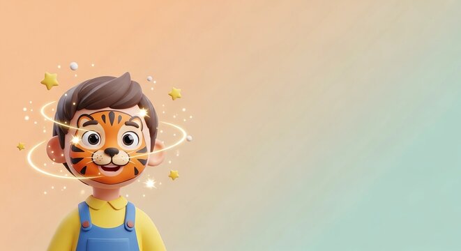 Young boy with tiger face paint smiling against colorful background - concept International Children's Day