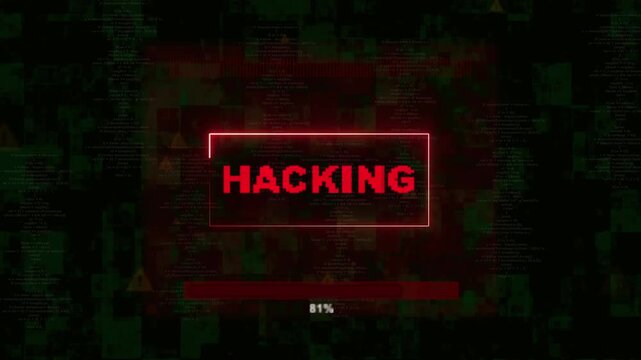 Digital art with hacking word displayed. Digital art in cyberpunk style. Digital art for computer security and information technology themes.