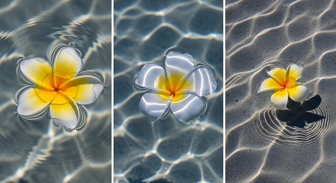A top view of frangipani flowers floating on water with sunlight reflections creating a geometric ripple pattern