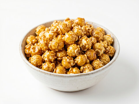 Caramel-coated popcorn in a bowl, isolated on a white background, showcasing its glossy texture and golden color.