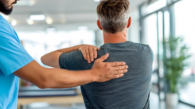 Physical therapist assisting a patient with arm exercises in a modern rehabilitation center, Generative AI illustrations.
