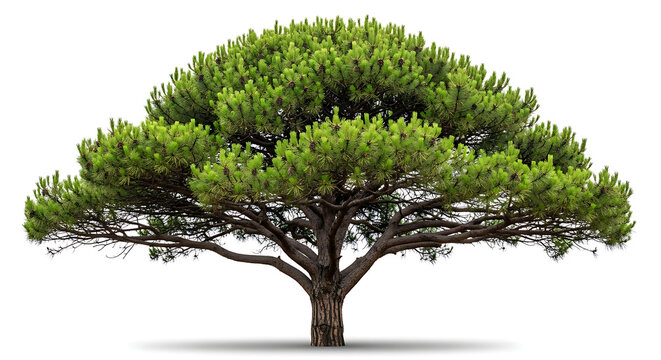 Large green canopy tree with strong trunk isolated on white background with drop shadow, it stands alone, creating a strong focal point and conveying