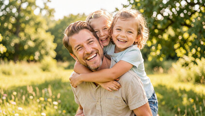 Fototapeta premium Sunlit field with laughing father and two children. Happy family smiles at camera. Soft green grass surrounds them. Trees dot background in gentle blur. Warm sunlight bathes the scene