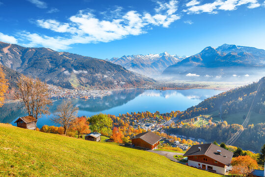 Spectacular view of the meadows and mountains around  Zell lake or Zeller See .