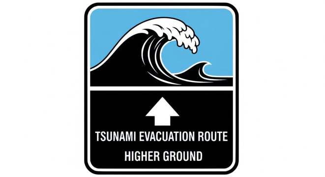 Emergency tsunami evacuation route sign directing to higher ground for coastal safety and preparedness