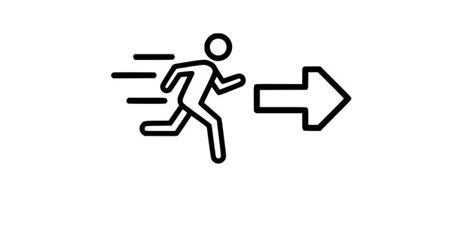 Line art icon of a swiftly moving person running forward with an arrow, symbolizing progress and speed