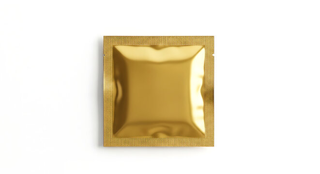 Single gold foil square packet condom wrapper isolated on white background for safe sex concept with protection healthcare metallic contraception