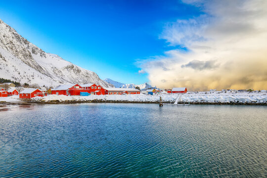 Amazing morning view of small fishing village Ramberg at sunrise.