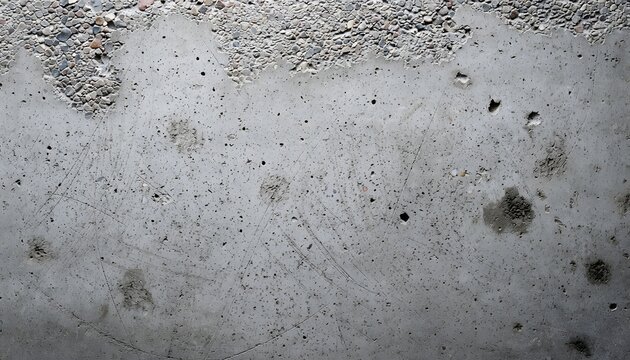Close-up view of a rough, textured concrete surface with visible aggregate and minor imperfections, showing a weathered gray background.