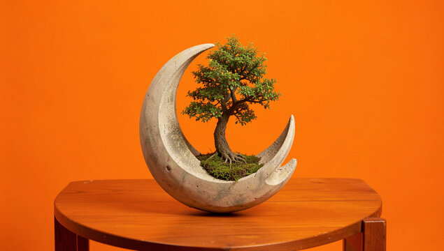 Bonsai tree nestled within crescent moon sculpture. Orchid tree sits atop stone moon. Tree grows from mossy soil inside carved shape. Bright orange backdrop highlights minimalist design