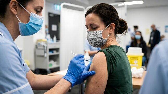 Healthcare worker administering vaccine injection to patient in clinic, immunization campaign medical safety protection, public health service prevention treatment hospital care