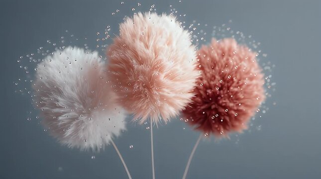 Three fluffy orbs, in white, pink, and red, adorned with droplets, hover over delicate stems against a blurred grey backdrop