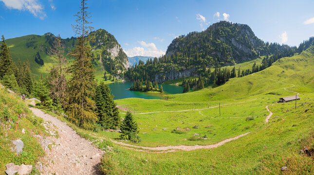 circular trail lake Hinterstockensee, beautiful tour at stockhorn mountain, swiss alps