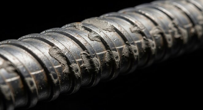 A close-up shot of a metallic threaded rod or rebar with a rough, textured surface and some corrosion or debris.