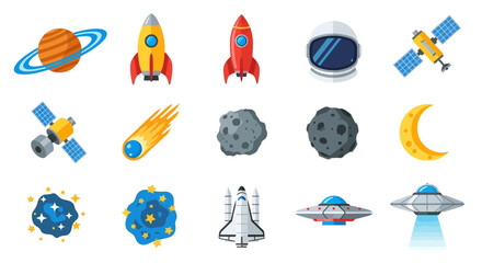 Colorful space icons depicting rockets planets and other celestial bodies © Md