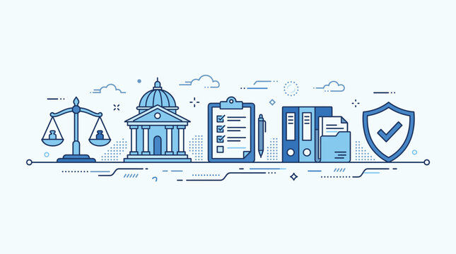 Legal and compliance concept illustration with scales of justice, courthouse, checklist, and shield