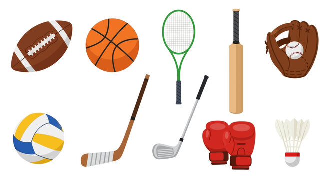 A colorful collection of various sports equipment displayed on a white background