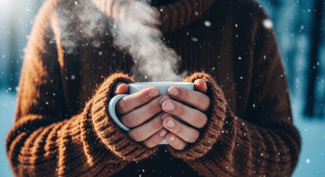 Person holding a warm cup of coffee in winter, wearing a sweater, conveying comfort and warmth.