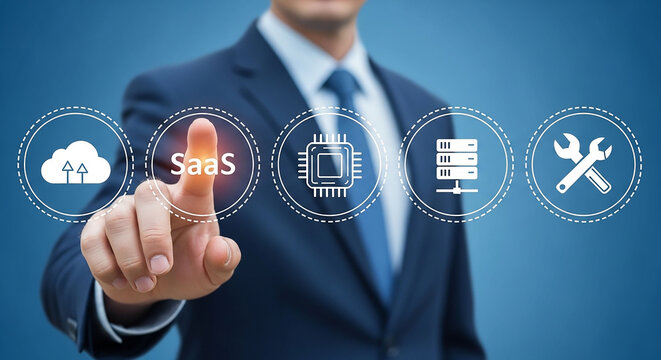SaaS Digital Touch: An executive in a formal suit employs a digital interface, making a selection from an array of Software as a Service (SaaS) icons