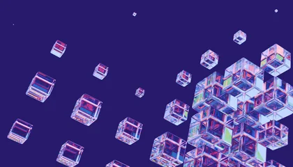 Fototapete 3D Abstract 3D cubes floating in dark blue space, creating futuristic and digital atmosphere  © BHP Studio